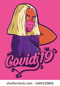 Hand drawn Line art Vector Illustration.  Girl with a bob hairstyle. Woman in a medical mask against the Covid-19 Coronavirus