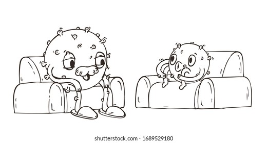Hand Drawn Line Art Vector Illustration. Cute Cartoon Character: The elderly animated coronavirus Covid-19 with a mustache on a chair scares the baby virus. Coloring Book Page