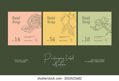 Hand drawn line art vector label design template. Boho style illustration of elegant signs and badges for beauty, natural cosmetics, wellness, creative agency, fashion, wedding.
