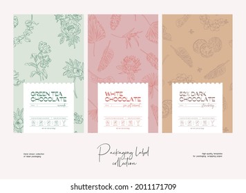 Hand drawn line art vector food label packaging design template. Food illustration of elegant signs and badges for cafe, restaurant.