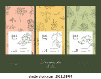 Hand drawn line art vector cosmetics label design template. Boho style illustration of elegant signs and badges for beauty, natural cosmetics, wellness.