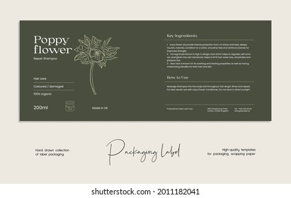 Hand drawn line art vector cosmetics label design template. Boho style illustration of elegant signs and badges for beauty, natural cosmetics, wellness.