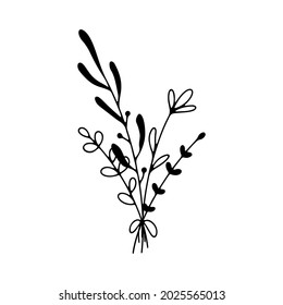 Hand drawn line art vector bouquet with flowers isolated on white background. Bunch of flowers illustration for birthday card, romantic holiday and Valentines day. Floral composition