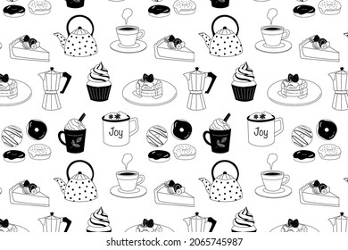 hand drawn line art. Vector illustration of cafe elements, seamless pattern.