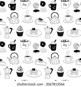 hand drawn line art. Vector illustration of cafe elements, seamless pattern 02.