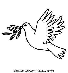 Hand drawn  line art vector illustration of dove with olive branch , symbol of peace.