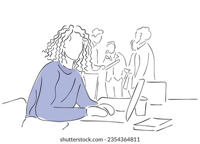 Hand drawn line art vector of Attractive african young confident businesswoman sitting at the office table with group of colleagues in the background, working on laptop computer