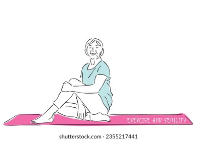 Hand drawn line art vector of an elderly woman living a healthy lifestyle and working out.