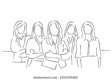 Hand drawn line art vector of a group of women entrepreneurs. Women in business art