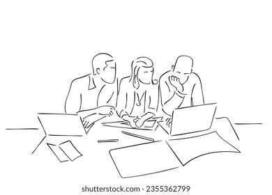 Hand drawn line art vector of three colleagues sitting together thinking over the project in hand. A group of architecturesartists.