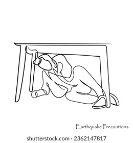 Vector artístico de líneas trazadas a mano de personas que se ahorran bajo la mesa durante un terremoto. Precauciones por terremotos en la Tierra.