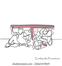 Vector artístico de líneas trazadas a mano de personas que se ahorran bajo la mesa durante un terremoto. Precauciones por terremotos en la Tierra.