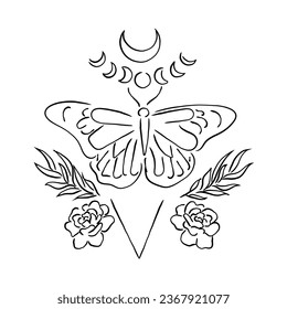 Hand drawn line art vector of moth and moon phases.