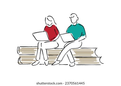 Hand drawn line art vector of a male and female sitting together on books metaphor of them being knowledgeable, working on laptops. Freelancing and learning. Work from home