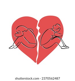 vector de arte de línea dibujada a mano de una pareja durante una ruptura. gente con el corazón roto.