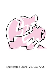 Hand drawn line art vector of a broken piggy bank. Debt and bankruptcy
