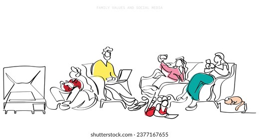 Hand drawn line art vector of  Parents and Children Sitting Together at Home Using Gadgets, Smartphones, Digital Devices. Concept of social media addiction and its impact on family values