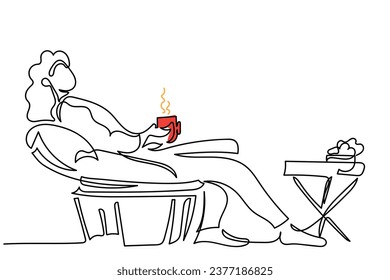 hand drawn line art vector of a woman Relaxing in Comfortable Soft Round Chair with Coffee or Tea Cup in Hands. Woman Enjoying Weekend Relax at Home Sitting in Fashionable Furniture