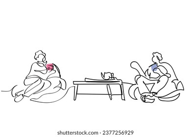 hand drawn line art vector of Couple of Friends Sitting on Couch, Drinking Tea, Hot Beverages and Communicating at Home. Continuous line art of Characters Friendship, Chatting, Leisure, Spare time.