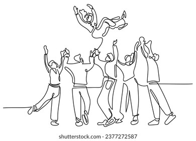 hand drawn line art vector of Happy People Toss Up Person Celebrating Success, Group of Positive Friends Celebrate Victory Achievement Together, Joyful Characters Team Congratulation Woman Colleague