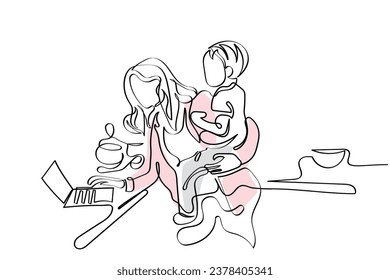 hand drawn line art vector of Busy cute woman mom with a baby in her arms works on a laptop in the kitchen. Family concept and freelance work, Authentic life style and toning.