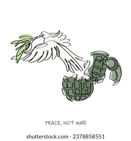 hand drawn line art vector of End the war concept as a grenade weapon and flowers as a symbol for peace and hope as an unexploded bomb or disarmed explosive device