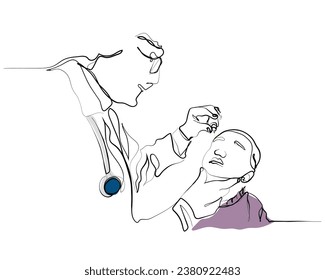 Hand drawn line art vector of Ophthalmologist or pediatrician doctor putting eye drops into little girl's eye