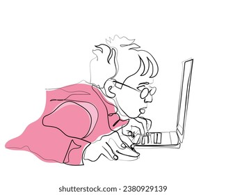Hand drawn line art vector of a kid with eyeglasses on leaning on the laptop.