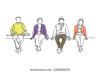 hand drawn line art vector of Full length portrait of two senior men and two senior women sitting on a white panel and posing . Isolated vector art of old people sitting together