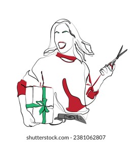 hand drawn line art vector of a woman carrying a gift and scissors to cut the bow. Birthday and festive vibe. Line art.