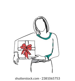 hand drawn line art vector of woman in sweater holding gift under one's arm and looking at camera. Festive time art. Line art of gift