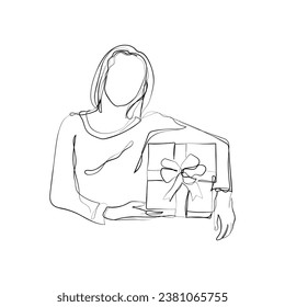 vector de arte de línea dibujada a mano de mujer en suéter sosteniendo un regalo bajo el brazo y mirando la cámara. Arte de tiempo festivo.