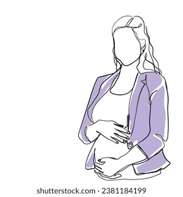 vector de arte de línea dibujada a mano de una mujer embarazada. Embarazo y estilo de vida ejecutivo. Maternidad en entornos corporativos. Arte de jefe preñado.