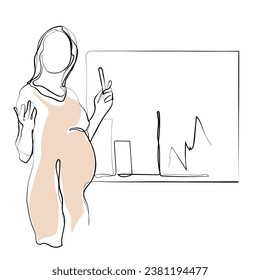 hand drawn line art vector of a woman boss. pRegnant woman presenting the sales graph to the marketing team. 