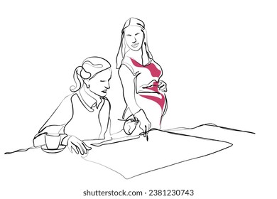 hand drawn line art vector of a pregnant boss briefing her colleague about design. Women empowered line art. 