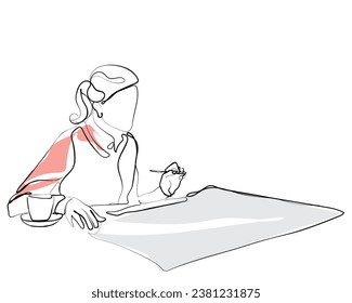 hand drawn line art vector of a female architect brainstorming her new design. 