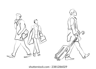 hand drawn line art vector of people on business trip. Official tour. Travel for business. Continuous line art contour.