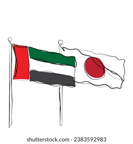 hand drawn line art vector of Japan Flag with The United Arab Emirates, UAE Flag