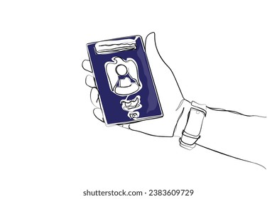 hand drawn line art vector of Man holding UAE Passport in hand on white background with copy space - Emirati - United Arab Emirates