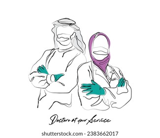 vector artístico de línea dibujada a mano del exitoso equipo de médicos árabes están mirando la cámara mientras están de pie en el hospital con los brazos cruzados médicos hombres y mujeres con escudos protectores máscaras y guantes