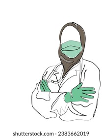 hand drawn line art vector of Successful team of Arabic medical doctors are looking at camera while standing in hospital with arms crossed male and female doctors in protective scrubs masks and gloves