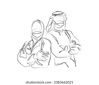 hand drawn line art vector of Successful team of Arabic medical doctors are looking at camera while standing in hospital with arms crossed male and female doctors in protective scrubs masks and gloves