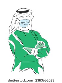 hand drawn line art vector of Successful team of Arabic medical doctors are looking at camera while standing in hospital with arms crossed male and female doctors in protective scrubs masks and gloves