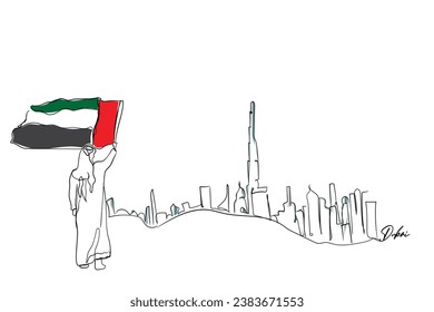 vector artístico de línea dibujada a mano del hombre árabe levantando la bandera de los Emiratos Árabes Unidos frente al horizonte de Dubai