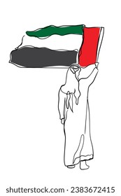 Hand drawn line art vector of an Arab man holding UAE flag.