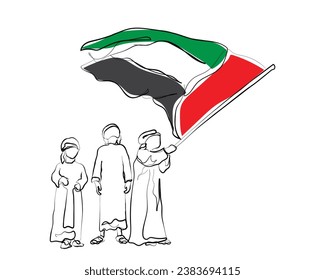 hand drawn line art vector of uae flag. kids of uae. arab kids