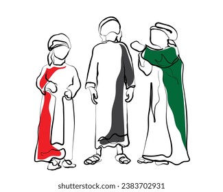 hand drawn line art vector of arab kids. arab brotherhood. Middle east cultural heritage. Palestinian Kids.