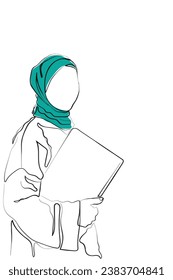 hand drawn line art vector of a muslim woman in hijab holding her laptop. arabian businesswoman. arab women in corporate center