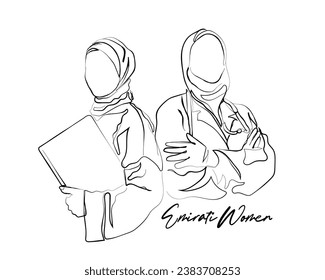 hand drawn line art vector of Emirati women standing together. Women empowerment and sisterhood concept. Women in medicine and business alike.