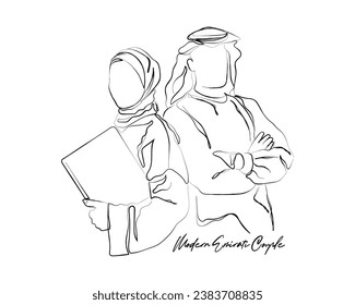 hand drawn line art vector of a modern executive couple in uae. emirati couple.